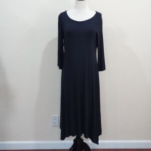 Eileen Fisher Navy Blue Handkerchief Hem Long Sleeve Scoop Neck Midi Dress - S/P